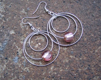 Eco-Friendly Dangle Earrings - In the Pink - Trio of Recycled, Vintage Silvertone Metal Hoops and Light Pink Foil-Centered Glass Beads