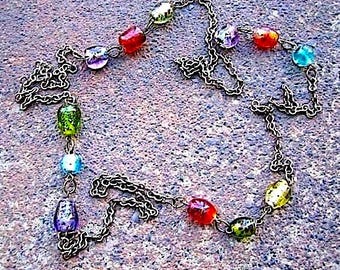 Recycled Vintage Brass Chain Necklace – Colorful Foil Glass Beads, Eco-Friendly Statement Piece