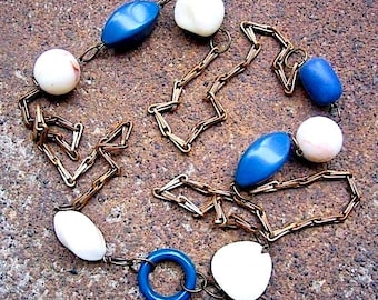 Recycled Vintage Bead Necklace – Cadet Blue, Cream, Brass Chain Clasp-Free Statement