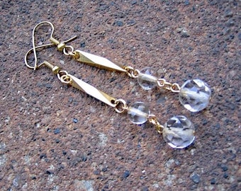 Eco-Friendly Dangle Earrings - Cutting Edge - Recycled Vintage Bevelled Goldtone Metal Connectors, Clear Glass Beads & Facetted Crystals