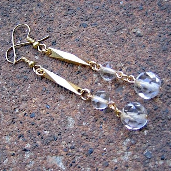 Eco-Friendly Dangle Earrings - Cutting Edge - Recycled Vintage Bevelled Goldtone Metal Connectors, Clear Glass Beads & Facetted Crystals