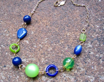 Eco-Friendly, Unique Statement Necklace - Key West Memories - Recycled Vintage Goldtone Chain and Clasp with Beads in Deep Blue & Lime Green