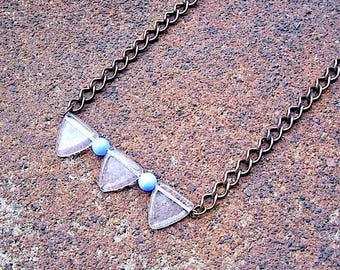 Recycled Brass Chain Necklace - Clear Triangle & Blue Glass Beads - Through the Looking Glass