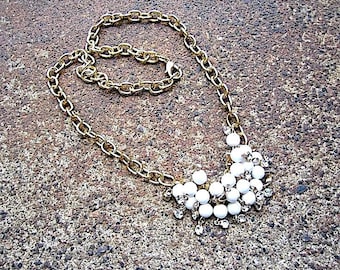 Eco-Friendly Statement Necklace - White Noise - Recycled Vintage Goldtone Chain, Clasp, Curved Finding Dripping with Beads & Rhinestones