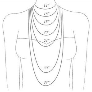 May include: Diagram showing different necklace lengths on a model, ranging from 14 inches to 33 inches.
