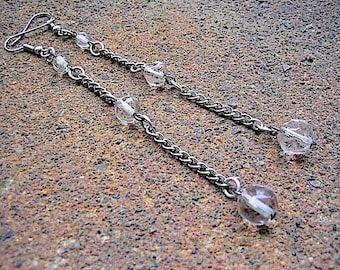 Eco-Friendly Shoulder Duster Dangle Earrings (Pierced Ears) - Free & Clear - Recycled Vintage Silvertone Chain, Graduated Clear Glass Beads