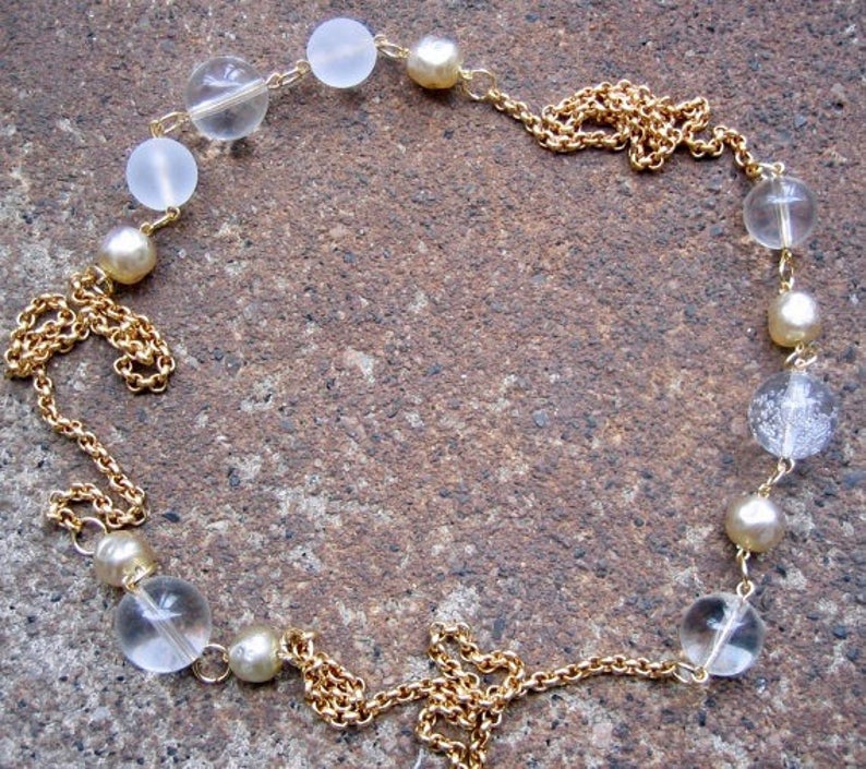 Eco-Friendly Unique Statement Necklace The Lightness of Being Recycled Elegant Vintage Chain, Clear Beads & Creamy White Glass Pearls image 4