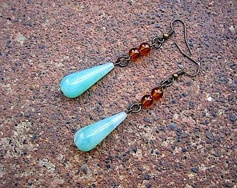 Eco-Friendly Dangle Earrings – Vintage Topaz & Faux Jade Beads