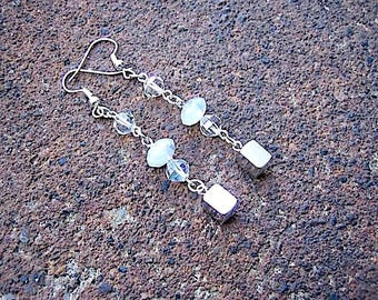 Recycled Vintage Crystal Dangle Earrings – Frosted White & Silvertone