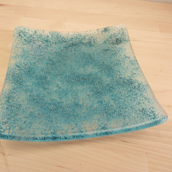 Blue Bubbles Dish square ... handmade fused glass by Lush Lampwork .. UK SRA British Lampwork