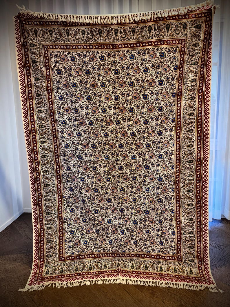 Large Handmade Persian Ghalamkar Tablecloth: Block Printed Cotton, Natural Dye (196x130 cm) Model 2