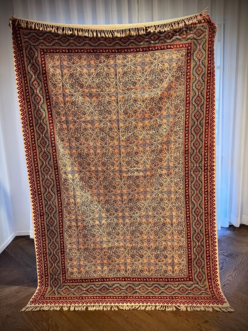 Large Handmade Persian Ghalamkar Tablecloth: Block Printed Cotton, Natural Dye (196x130 cm) Model 4
