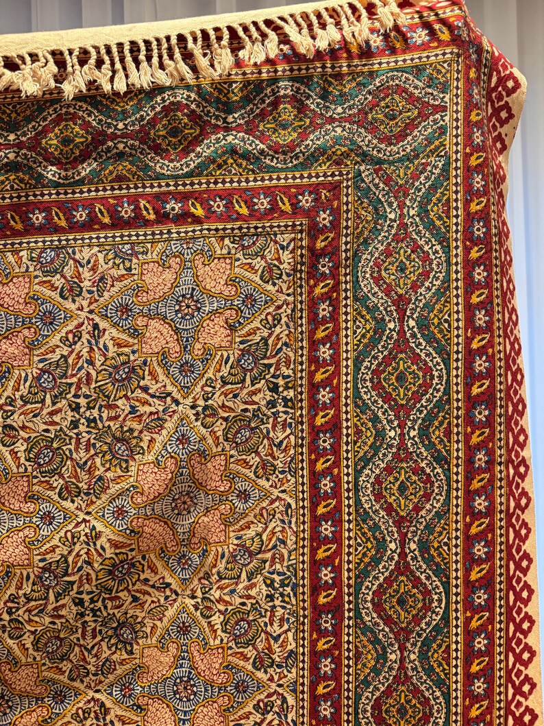 Large Handmade Persian Ghalamkar Tablecloth: Block Printed Cotton, Natural Dye (196x130 cm) image 16