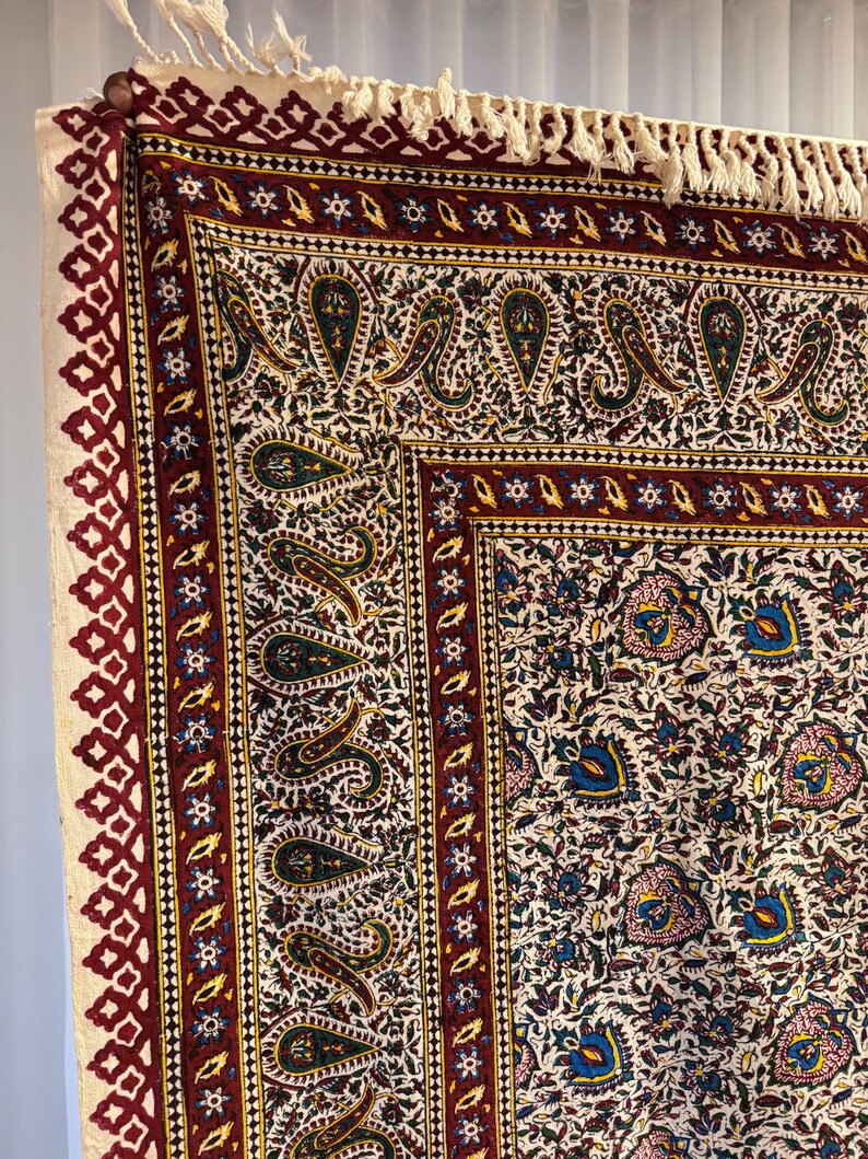 Large Handmade Persian Ghalamkar Tablecloth: Block Printed Cotton, Natural Dye (196x130 cm) image 8