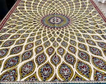 Handmade Persian Ghalamkar Tablecloth Block Printed Cotton Traditional Qalamkar Tapestry Natural Dye Table Cover
