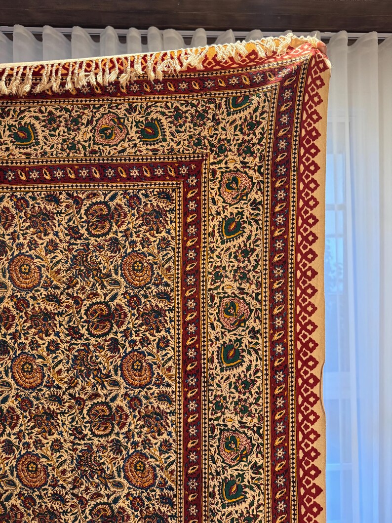Large Handmade Persian Ghalamkar Tablecloth: Block Printed Cotton, Natural Dye (196x130 cm) image 4
