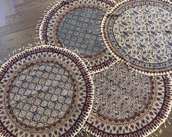 Round Handmade Persian Ghalamkar Tablecloth: Block Printed Cotton, Natural Dye (100cm Diameter)