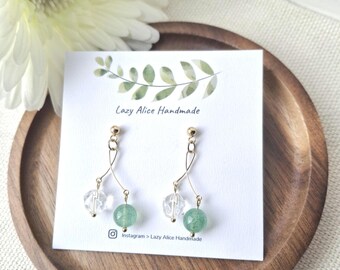 Green Strawberry quartz Earrings, with faceted clear Glass beads