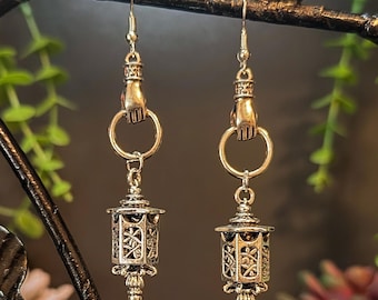 Gothic Silver Lantern Earrings – Fantasy Cosplay Jewelry – Witchy Dangle Earrings
