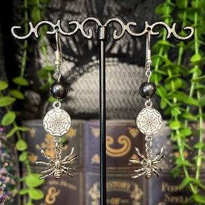 Hematite Spiderweb Earrings – Witchy Halloween Jewelry – Occult Charm Jewelry
