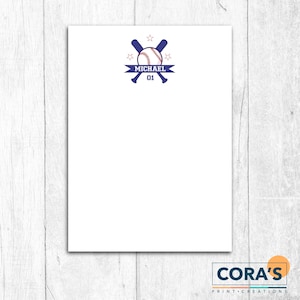 Personalized Boys Baseball Themed Notepad, 50 Tear Away Sheets, 4.25x5.5, 5x7, or 8x10 Notepad, Custom Boys Sports Stationery with Name