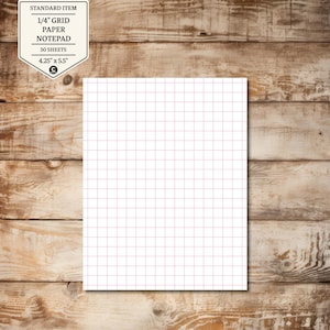 May include: A white grid paper notepad with a red grid pattern. The notepad is 4.25 inches by 5.5 inches and contains 50 sheets. The top left corner of the image shows a label that reads "STANDARD ITEM 1/4" GRID PAPER NOTEPAD 50 SHEETS 4.25" x 5.5""