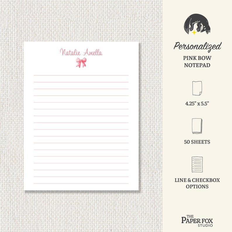 Bow Notepad Personalized Pink Bow Notepad, Elegant List Stationery - Etsy