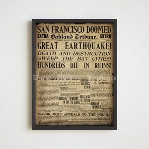 Nagłówek na pierwszej stronie gazety, plakat vintage, sztuka ścienna gazety, trzęsienie ziemi w San Francisco 1906 (POBIERANIE CYFROWE)