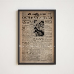 Los Angeles Times 1961 - Primer hombre en el espacio, Gagarin, portada de periódico para impresión de carteles. (DESCARGA DIGITAL)
