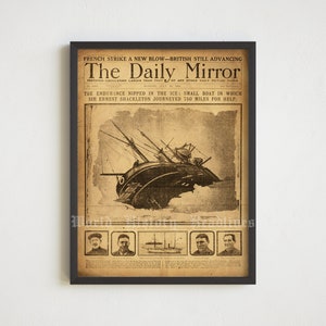 Nagłówek na pierwszej stronie gazety, The Daily Mirror, plakat vintage, sztuka ścienna gazety, Endurance 1916 (POBIERANIE CYFROWE)