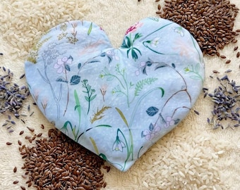 Weighted Heart Eye Pillow With Cover, Green Floral, Washable, Scented, Unscented, Soothing, Cooling, Migraine