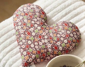 Weighted Heart Eye Pillow, Brown Floral, Rice or Flaxseed Filled, Hot Cold Therapy Pack