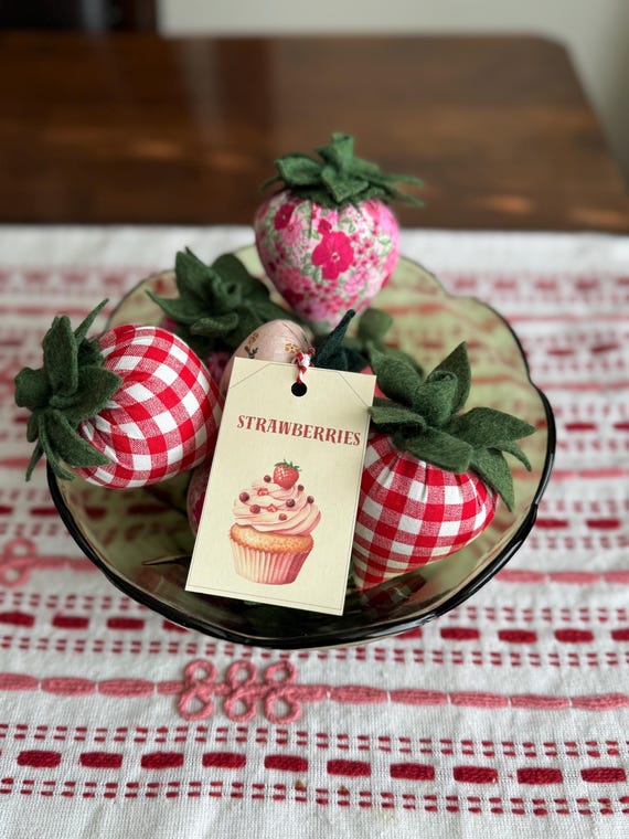 Red Checkered & Pink Floral Fabric Strawberries, Handmade Plush, 6 Berries, Valentines Gift For Her