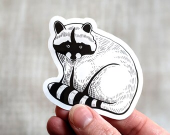 May include: Black and white line art sticker of a raccoon sitting with its paws tucked in. The raccoon has a black mask around its eyes.