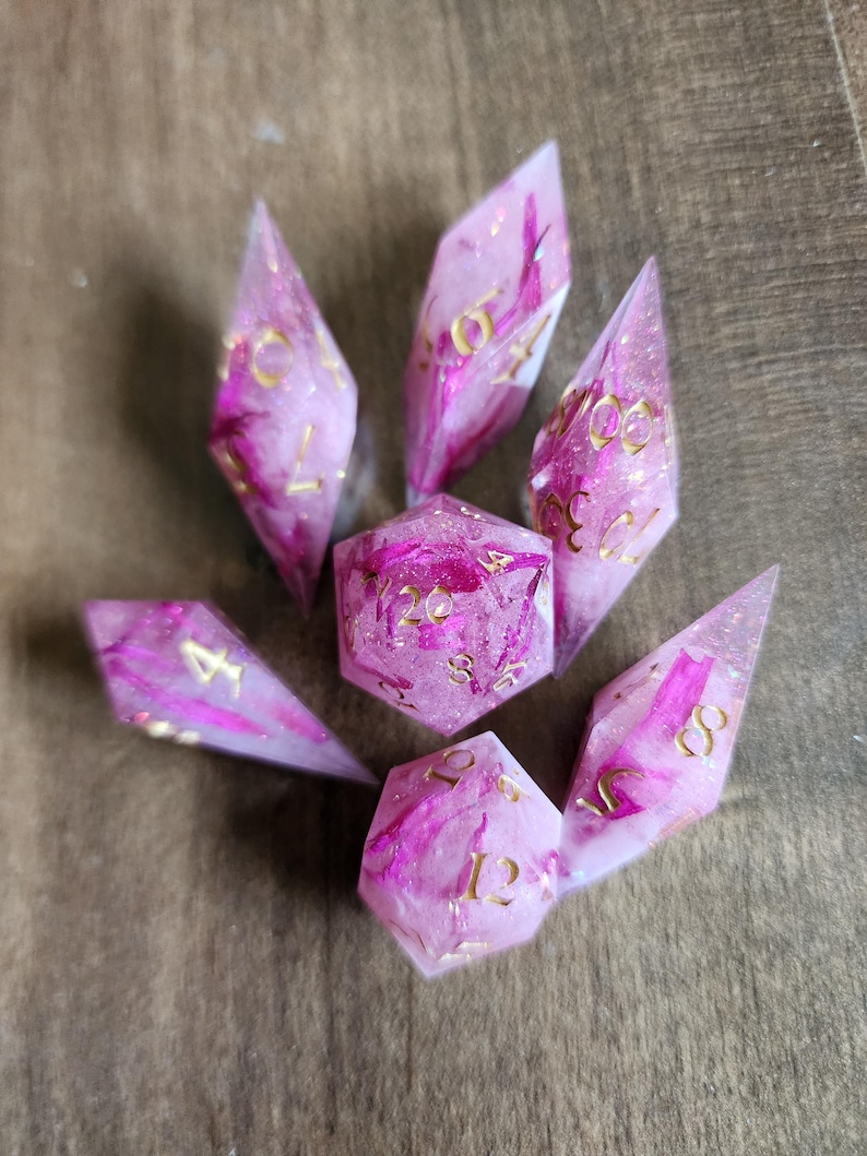 Pink Daisy Crystal handmade resin dice set