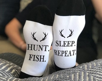 Socks, Hunting, Fathers Day Gift, Gift for Dad, Funny Gifts, Hunt Fish Sleep Repeat, Hunting Gift, Gift for husband  --62192-SOX2-603