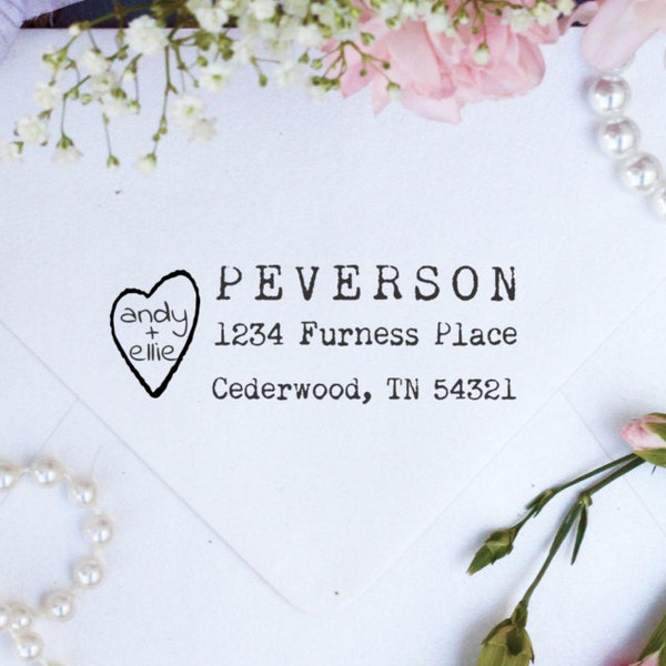 Personalized Custom Return Address Rubber Stamp, Wood Block, Clear Block, Heart Wedding Address Stamper, Self Inking, Ink Pad --3104