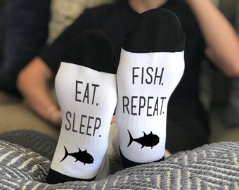 Socks, Fishing Gift, Stocking Stuffer, Gift for Dad, Funny Gifts, Eat Sleep Fish Repeat, Fly Fishing Gift, Gift for Husband --62143-SOX1-603