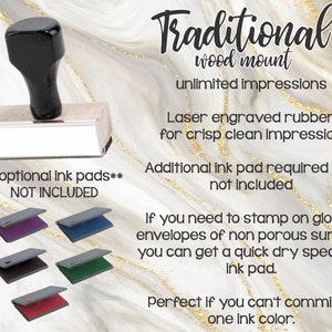 May include: A traditional wood mounted rubber stamp with a white surface for custom engraving. The stamp is laser engraved for crisp clean impressions. The text "optional ink pads** NOT INCLUDED" is printed below the stamp. Five ink pads in different colours are shown below the text.