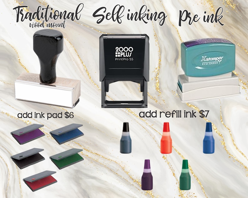 May include: Three different types of self-inking stamps. The first is a traditional wood mount stamp with a black handle. The second is a self-inking stamp with a black body and the text "2000 PLUS PrintPro 55". The third is a pre-inked stamp with a teal body and the text "Xstamper ECO-GREEN".