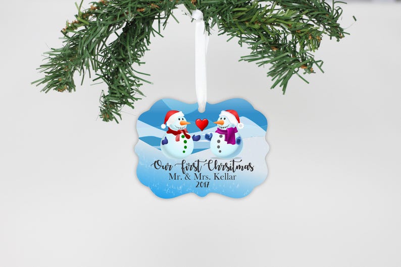 Snowman Newlywed Gift Custom Gift First Christmas Mr and Mrs Metal Ornament Our First Christmas Personalized Gift --24173-OR67-600