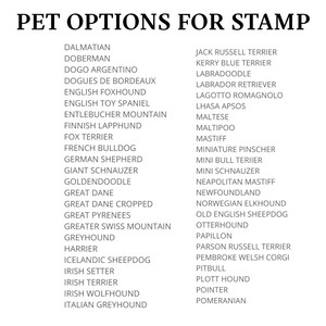May include: A list of dog breeds, including Dalmatian, Doberman, Dogo Argentino, and Jack Russell Terrier, among others. The list is titled "Pet Options for Stamp".