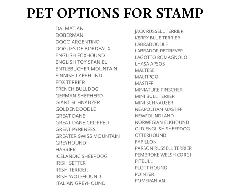 May include: A list of dog breeds, including Dalmatian, Doberman, Dogo Argentino, and Jack Russell Terrier, among others. The list is titled "Pet Options for Stamp".