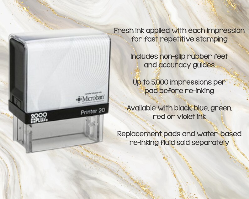 May include: A white and black self-inking stamp with the text "2000 PLUS" and "Microban Printer 20". The stamp has non-slip rubber feet and accuracy guides. It can produce up to 5,000 impressions before needing to be re-inked.