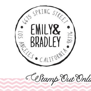 May include: Black and white circular stamp with the text "Emily & Bradley" in the center. The text "6675 Spring Street, Los Angeles, California 90877" surrounds the names.