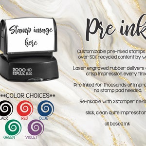 May include: A black self-inking stamp with the text "Stamp image here" on a white background. The stamp is labelled "2000 HD PLUS. R40". The stamp is pre-inked and comes in a variety of colours: black, red, blue, green, and violet.