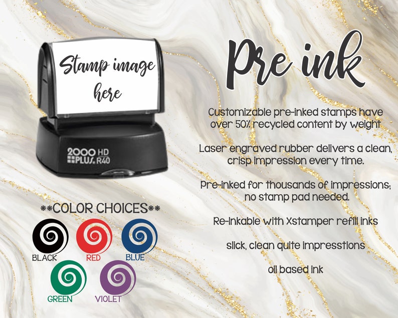 May include: A black self-inking stamp with the text "Stamp image here" on a white background. The stamp is labelled "2000 HD PLUS. R40". The stamp is pre-inked and comes in a variety of colours: black, red, blue, green, and violet.