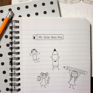 May include: A notebook with lined paper and cartoon pencil illustrations. The text "Mr. Sclar likes this." is in a speech bubble. An orange pencil and a polka dot notebook are also in the image.