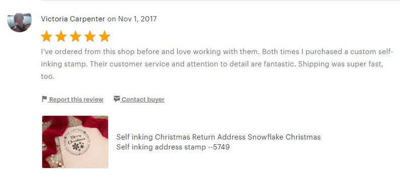 May include: A five-star customer review for a self-inking Christmas return address stamp. The review mentions the customer's positive experience with the shop's customer service and attention to detail. The image also shows a close-up of the stamp, which features a snowflake design and the text "Merry Christmas".