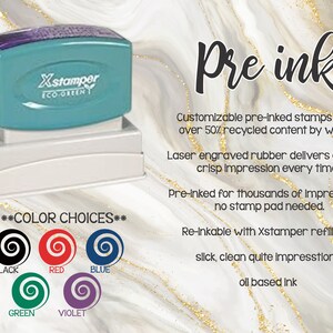 May include: A blue pre-inked stamp with the text "Xstamper ECO GREEN" on it. The stamp is on a white base. The image also shows a colour chart with five different ink colours: black, red, blue, green, and violet.